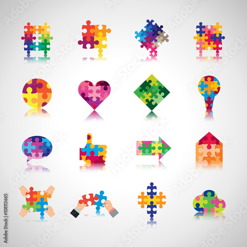 Puzzle Icons Set-Isolated On Gray Background-Vector Illustration,Graphic Design. Collection Of Different Logotype,Modern Shape.New Flat Concept For Web,Websites