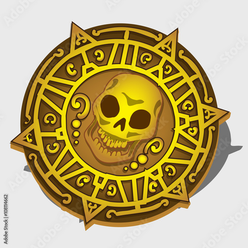 Golden pirate medallion with symbol of the skull 