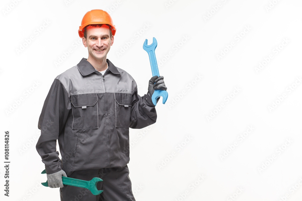 man holding wrench isolated on white background man holding wrench isolated on white background