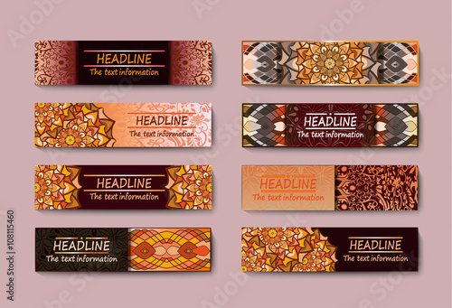 Set of banners with ethnic ornament and the concept of the flyer. Vector decorative card or invitation design illustration. Antique, ethnic art, Islam, Arabic, Indian, Ottoman motifs, elements