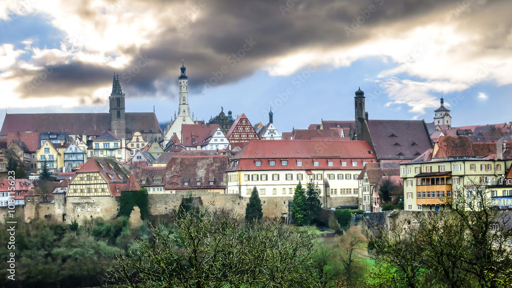 View of the medieval town beyond the pinion wall. Rothenburg, Bavaria, Germany.