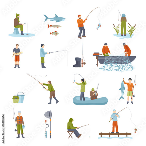 Fishing People Fish And Tools Icons Set