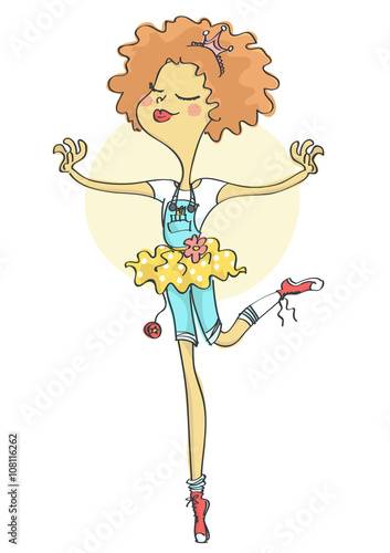Cute, stylish ballerina girl with tiara, dancing and smiling.
