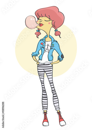 Cute fashion girl dressed in punk rock style, blowing bubble out of chewing gum.