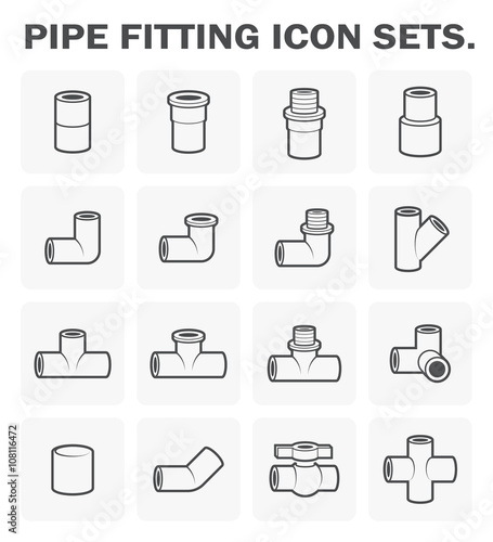 PVC or plastic pipe fitting vector icon. Include straight  nipple  reducer  elbow  tee  valve. For connection many size of tube pipe in pipeline for plumbing  drainage system  sewage and water supply.