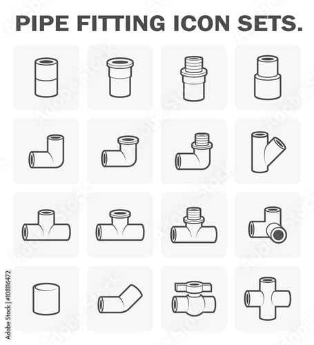 PVC or plastic pipe fitting vector icon. Include straight, nipple, reducer, elbow, tee, valve. For connection many size of tube pipe in pipeline for plumbing, drainage system, sewage and water supply.
