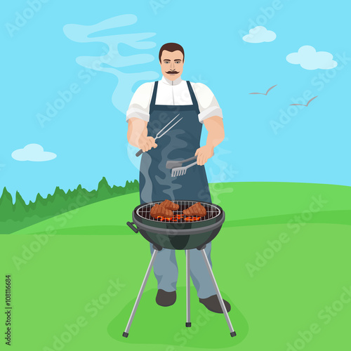 Man male cook preparing meal on the grill. Barbecue in nature jard vector illustration.