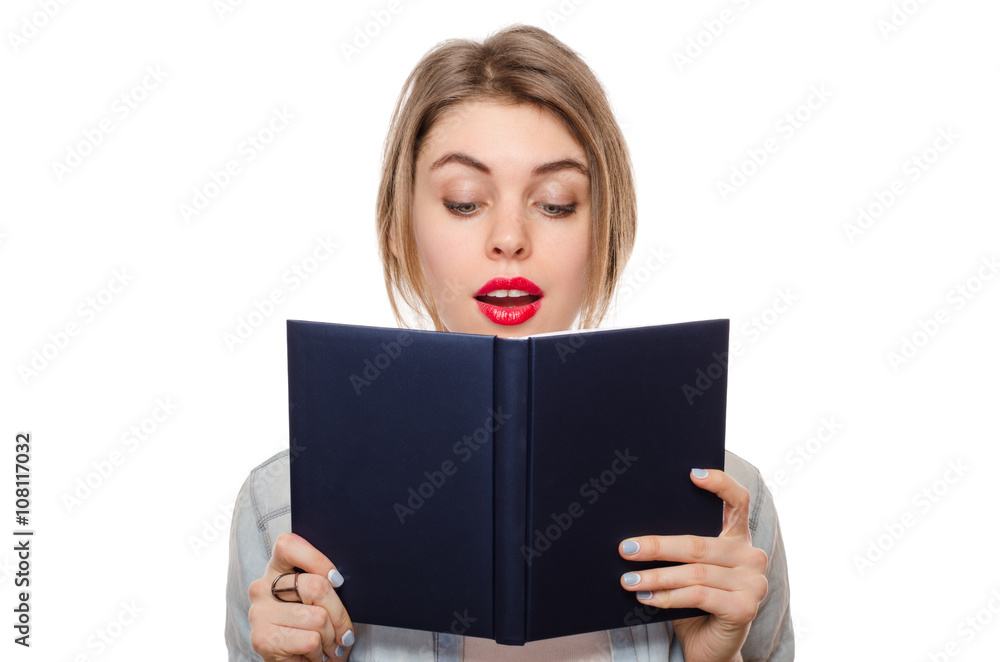 An isolated shot of a beautiful woman reading a book An isolated shot of a beautiful woman reading a book