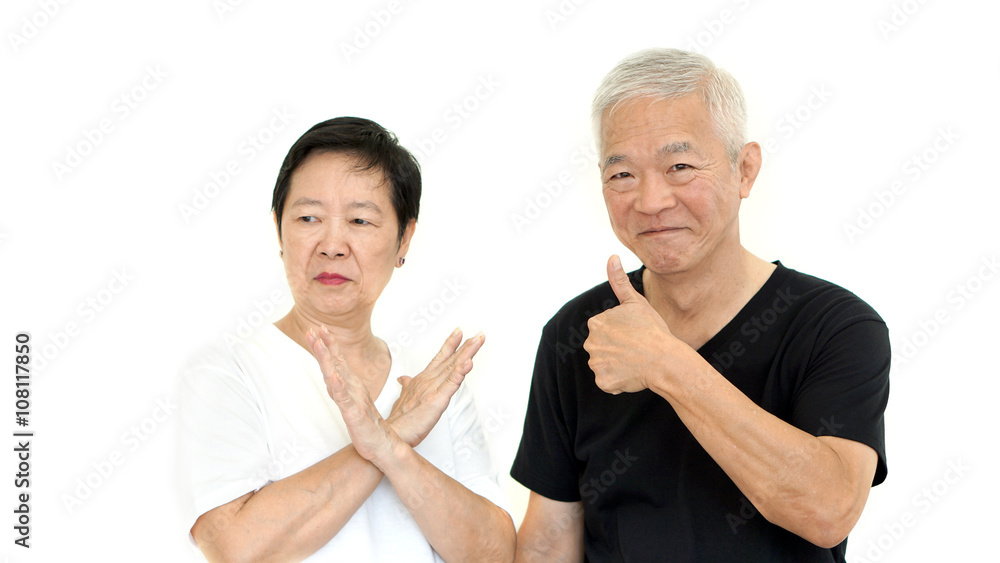 Asian senior couple have conflict on different idea