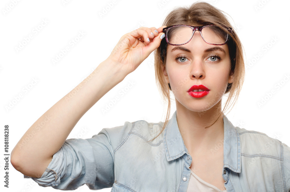 Young surprised lady in glasses on white background Young surprised lady in glasses on white background