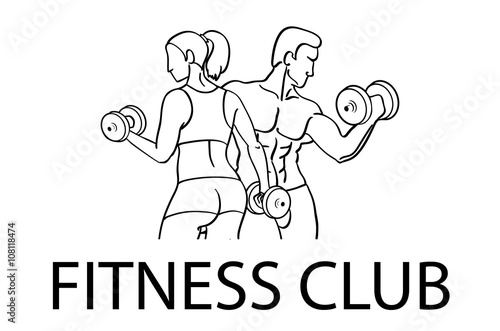 Man and woman Fitness template. Gym club logotype. Sport Fitness club creative concept. Bodybuilder and woman Fitness Model Illustration, Sign, Symbol, badge.