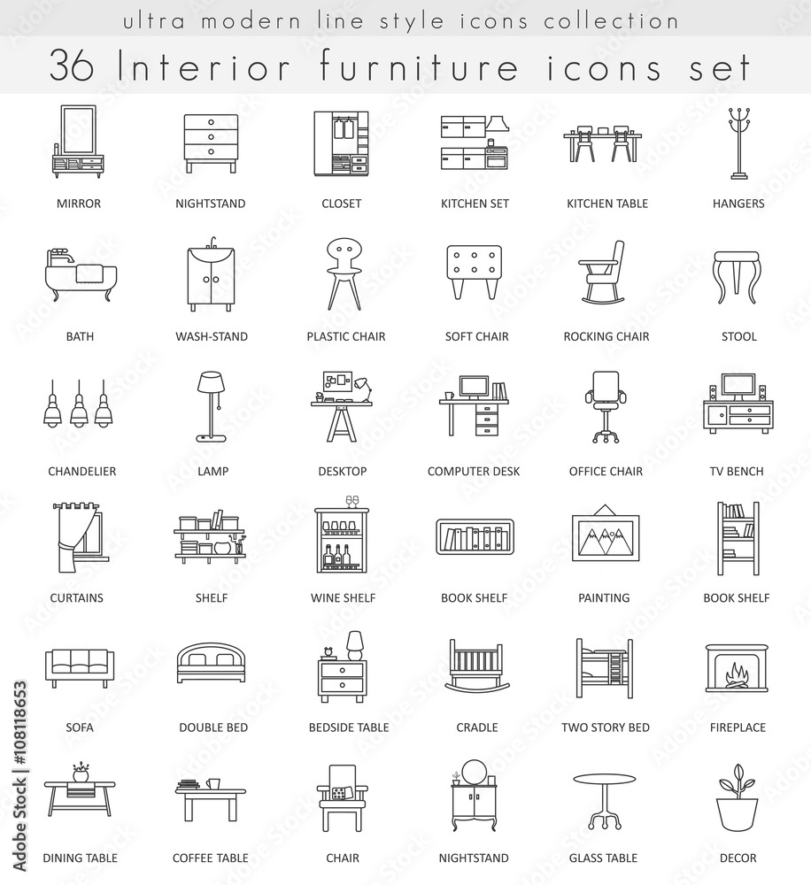 Vector Furniture ultra modern outline line icons for web and apps.