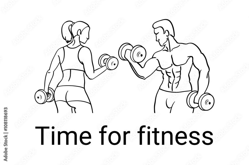 Fitness couple and fitness club concept with strength health and beauty symbols flat vector illustration
