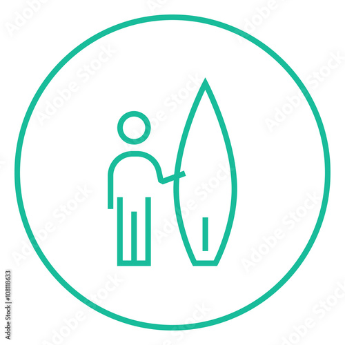 Man with surfboard line icon.