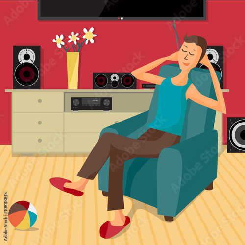 Vector modern flat design man listens to music at home using a s