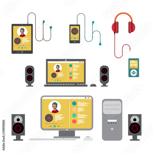 Home sound system. Home stereo on home computer flat vector illu