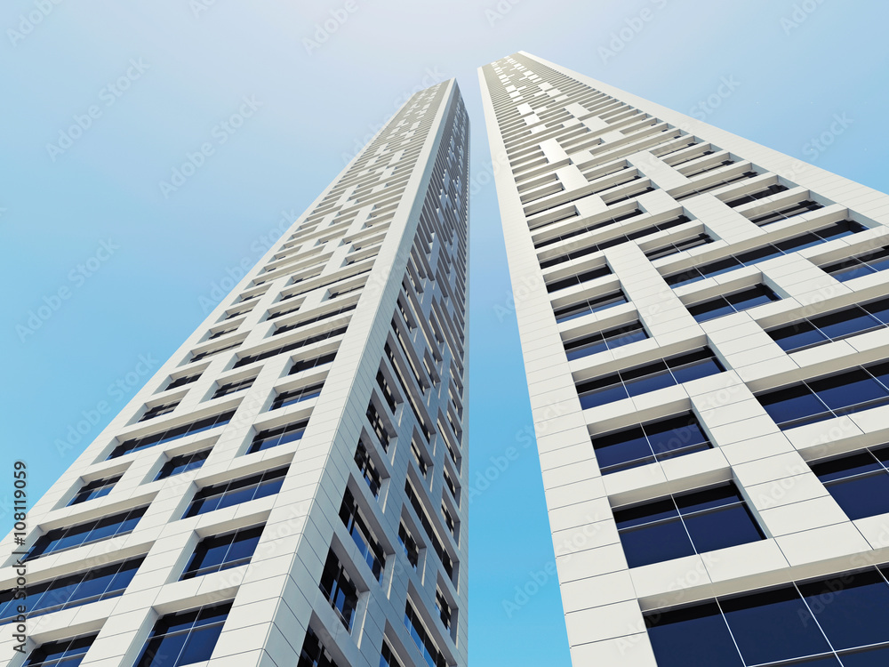 Two white office towers perspective on blue sky Two white office towers perspective on blue sky