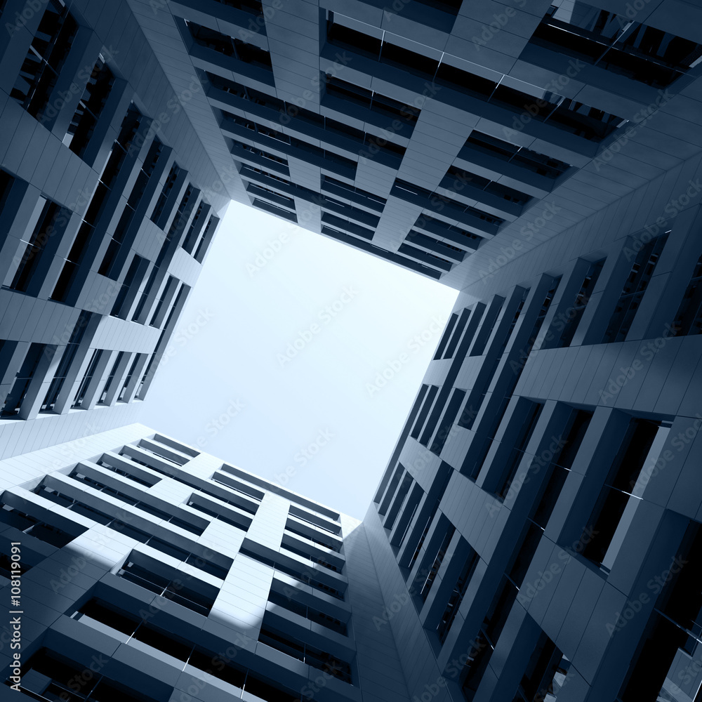 Fototapeta premium Dark Inner space of tall office tower. 3d