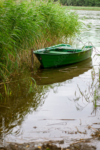 A small rowing boat in reed by the lake shore.