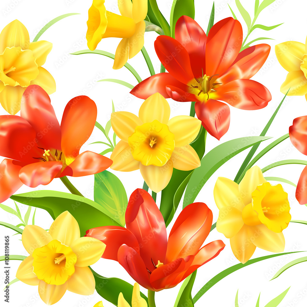 Seamless pattern with tulips and daffodils. Vector illustration. Seamless pattern with tulips and daffodils. Vector illustration.