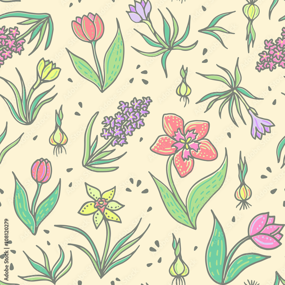 Spring flowers seamless pattern. Botanical background with bulbous flowers. Vector illustration. Spring flowers seamless pattern. Botanical background with bulbous flowers. Vector illustration.
