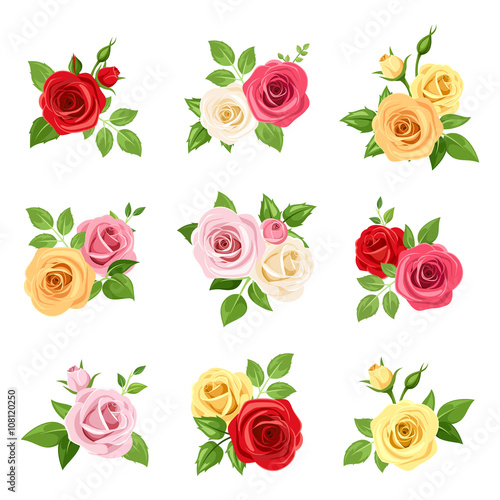 Vector set of red, pink, white, yellow and orange roses isolated on white.