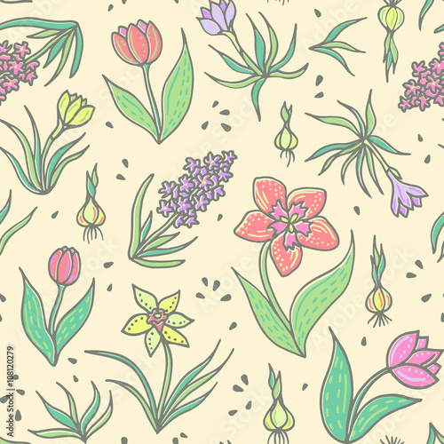 Spring flowers seamless pattern. Botanical background with bulbous flowers. Vector illustration.