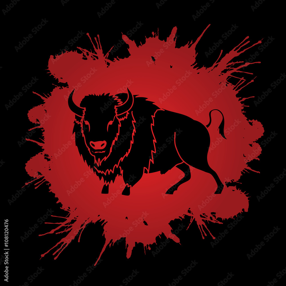 Fototapeta premium Buffalo standing designed on grunge blood background graphic vector.