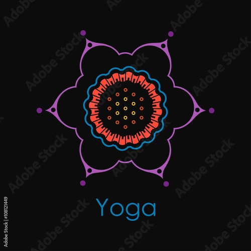 Bright decorative flower on black background emblem Yoga