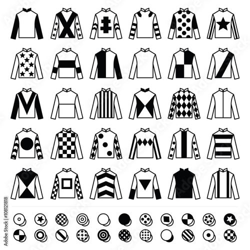 Jockey uniform - jackets, silks and hats, horse riding icons set 