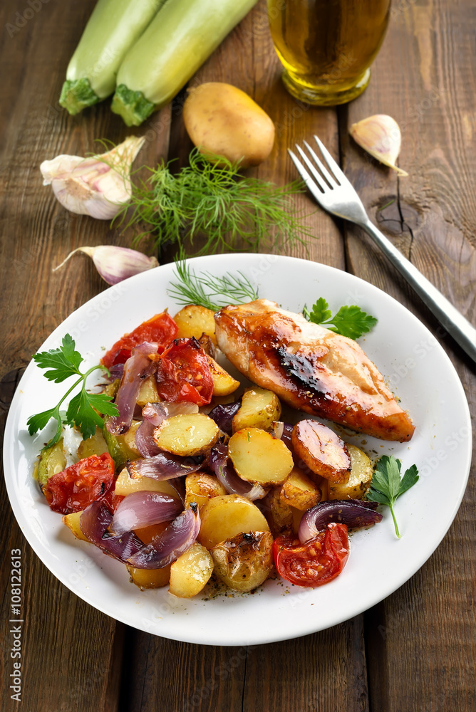 Roasted vegetables and chicken breast
