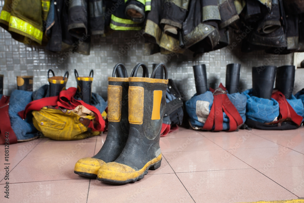 Fototapeta premium Boots On Floor At Fire Station