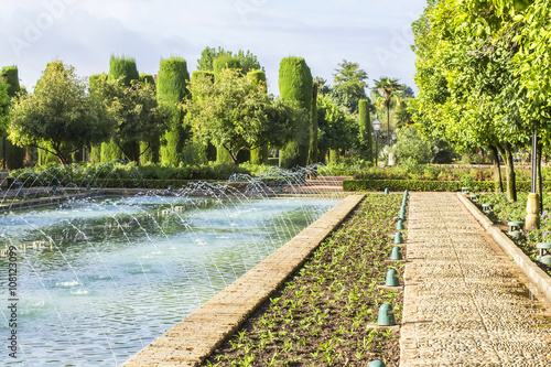 background landscape view of the fountains and cypress alley in the garden of the Alcazar of the Christian Kings in Cordoba, Spain photo