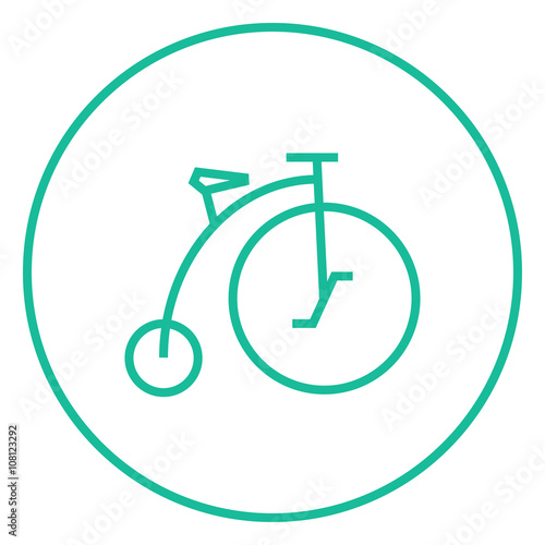 Old bicycle with big wheel line icon.