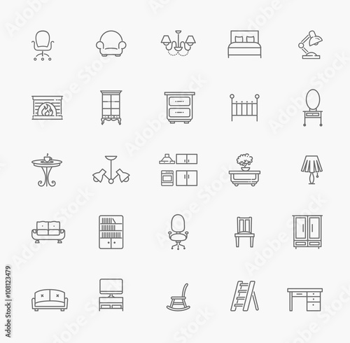 Furniture and home decor icon set. Vector illustration.
