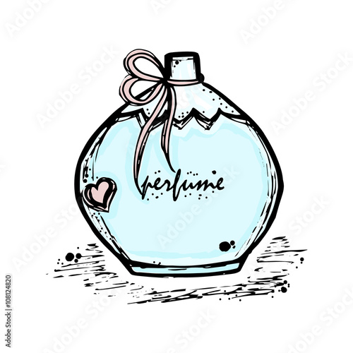A bottle of perfume for girls, women. Fashion and beauty, trend, aroma. Vector hand-drawn sketch illustration. Isolated object.