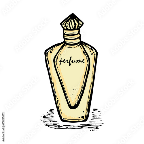 A bottle of perfume for girls, women. Fashion and beauty, trend, aroma. Vector hand-drawn sketch illustration. Isolated object.