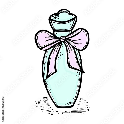A bottle of perfume for girls, women. Fashion and beauty, trend, aroma. Vector hand-drawn sketch illustration. Isolated object.