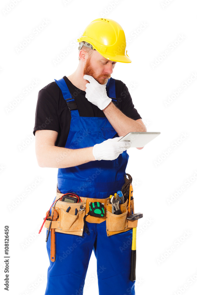Man builder with set of construction tools, isolated Man builder with set of construction tools, isolated