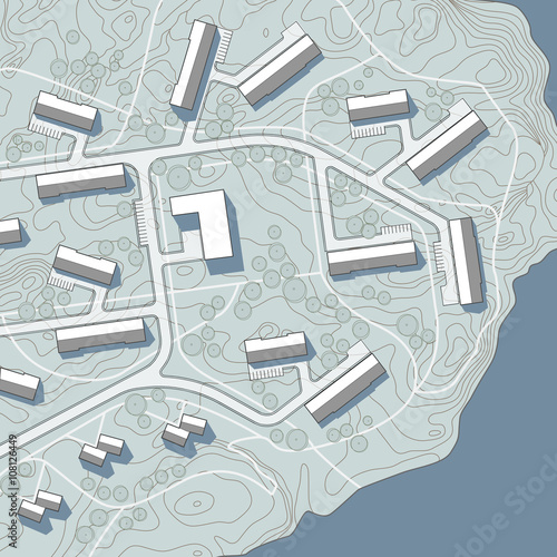Fictional city map, working village or campus. Top view