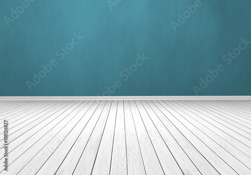 3D white timber floor and turquoise wall