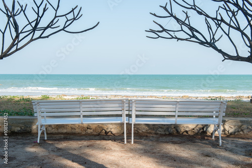 The white bench side the beach photo