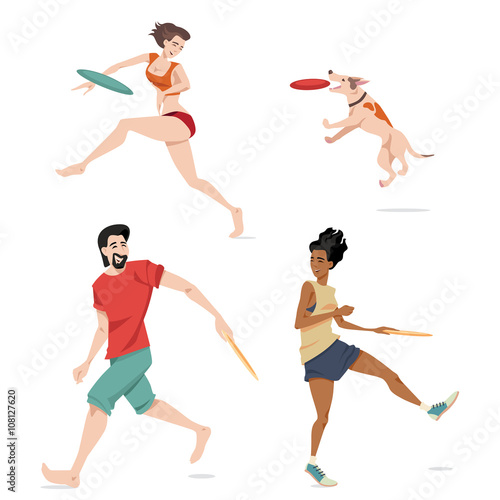 Set of vector illustrations of people playing flying disc. In cartoon style