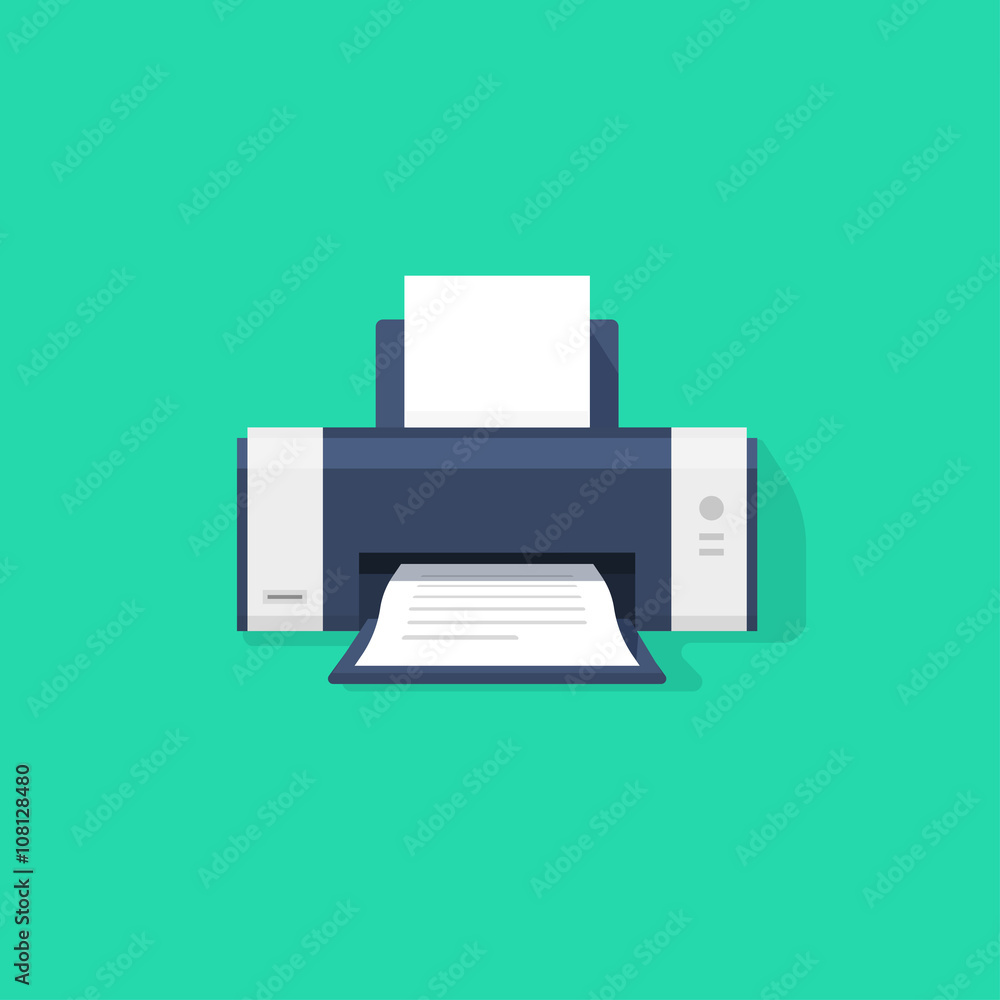 Printer flat vector icon with shadow, printer with paper a4 sheet and printed abstract text document out of printer machine illustration isolated on green background Printer flat vector icon with shadow, printer with paper a4 sheet and printed abstract text document out of printer machine illustration isolated on green background