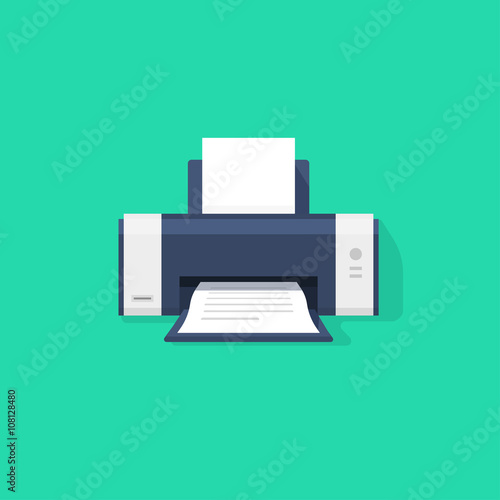 Printer flat vector icon with shadow, printer with paper a4 sheet and printed abstract text document out of printer machine illustration isolated on green background