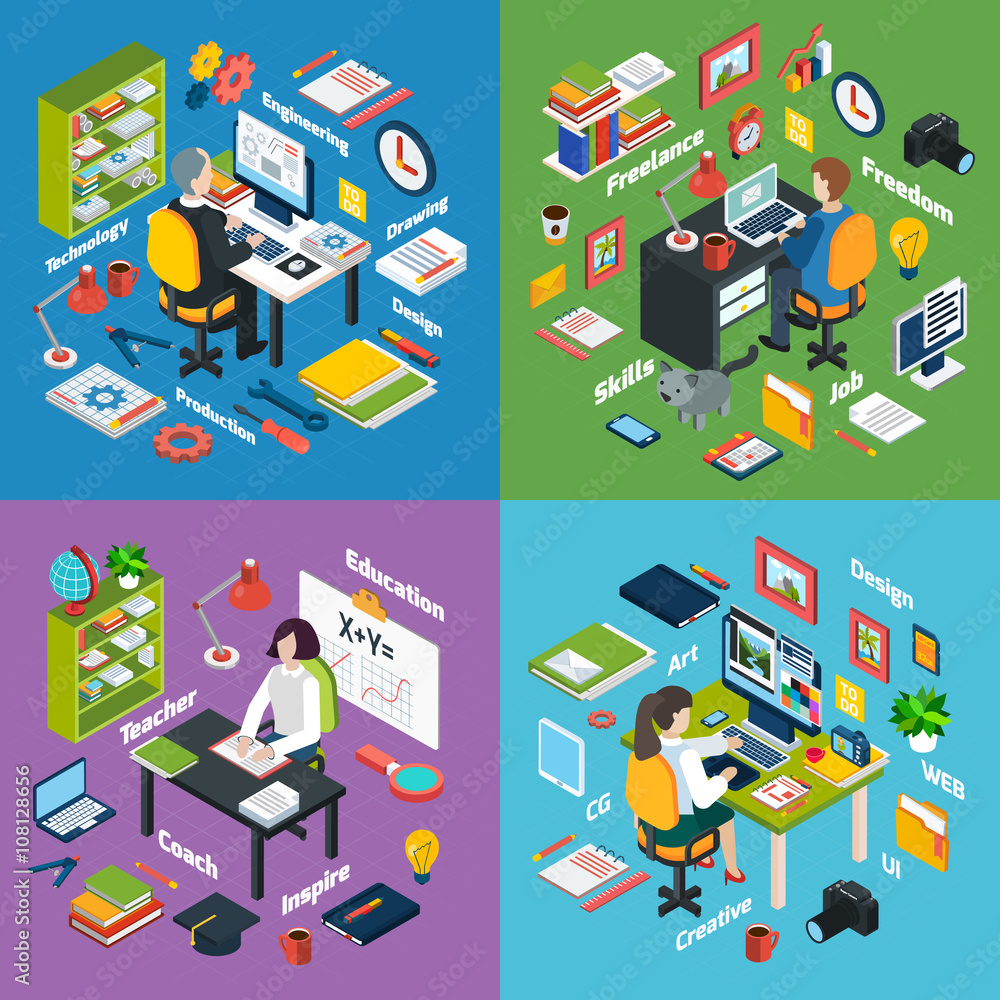Professional Workplace Isometric 4 Icons Square Professional Workplace Isometric 4 Icons Square