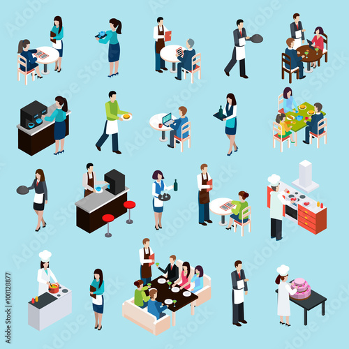 Restaurant Bar People Isometric Icons Set