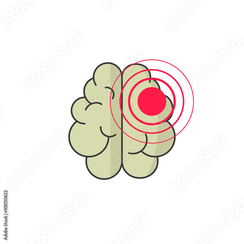 Abstract human brain injury stroke cartoon vector illustration with red dot waves, concept of medical logo, brain illness symbol, disease scan, cancer flat design isolated on white background