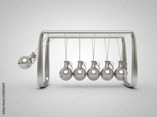 3D concept illustration of Newton cradle with grenade fuses on each swinging sphere
