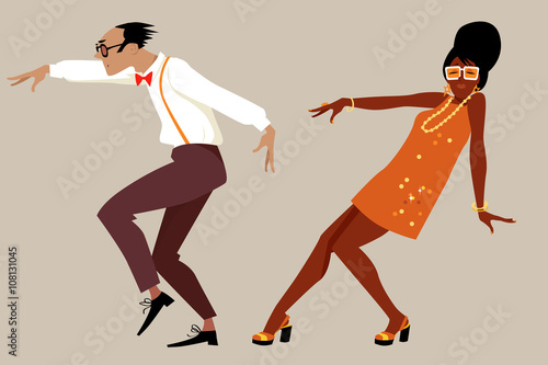 Couple dressed in 1960 fashion dancing a novelty dance, EPS 8 vector illustration, no transparencies 